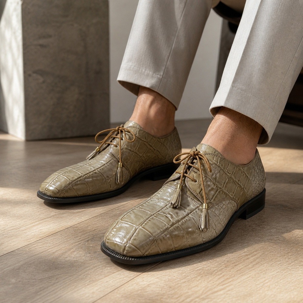 Marco Vicci Mens Tan Cream Croc Embossed Leather Ombre Square Toe Shoes 10.5